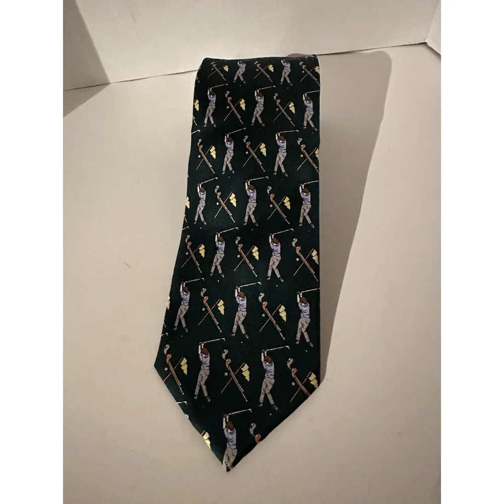 The Glove Shop Roma 100% Silk Tie Golf Theme Made In Italy Green Vintage Necktie